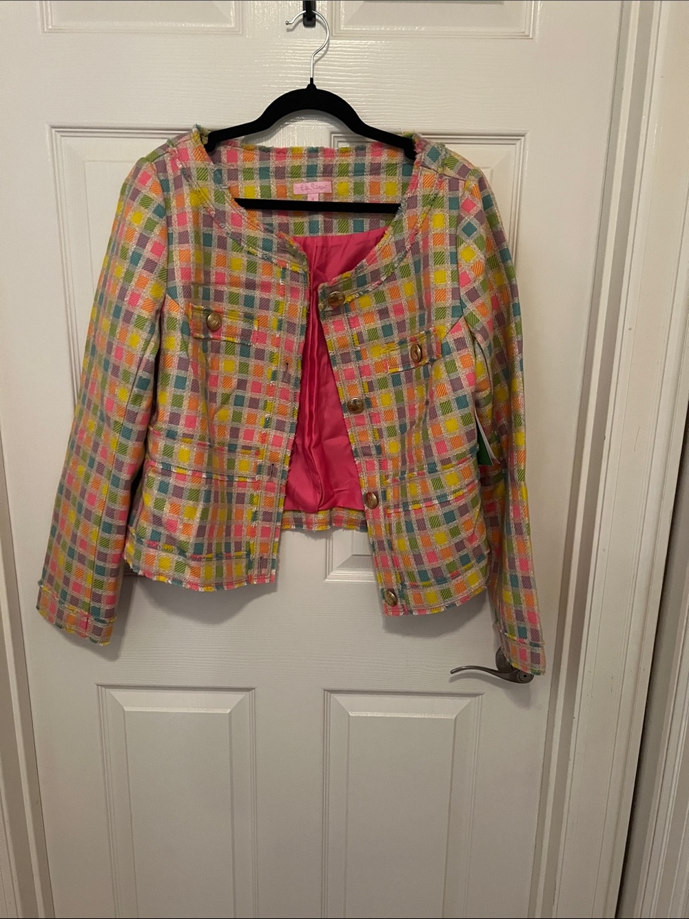Lilly Pulitzer Pink Multi-Color Plaid Tweed Jacket